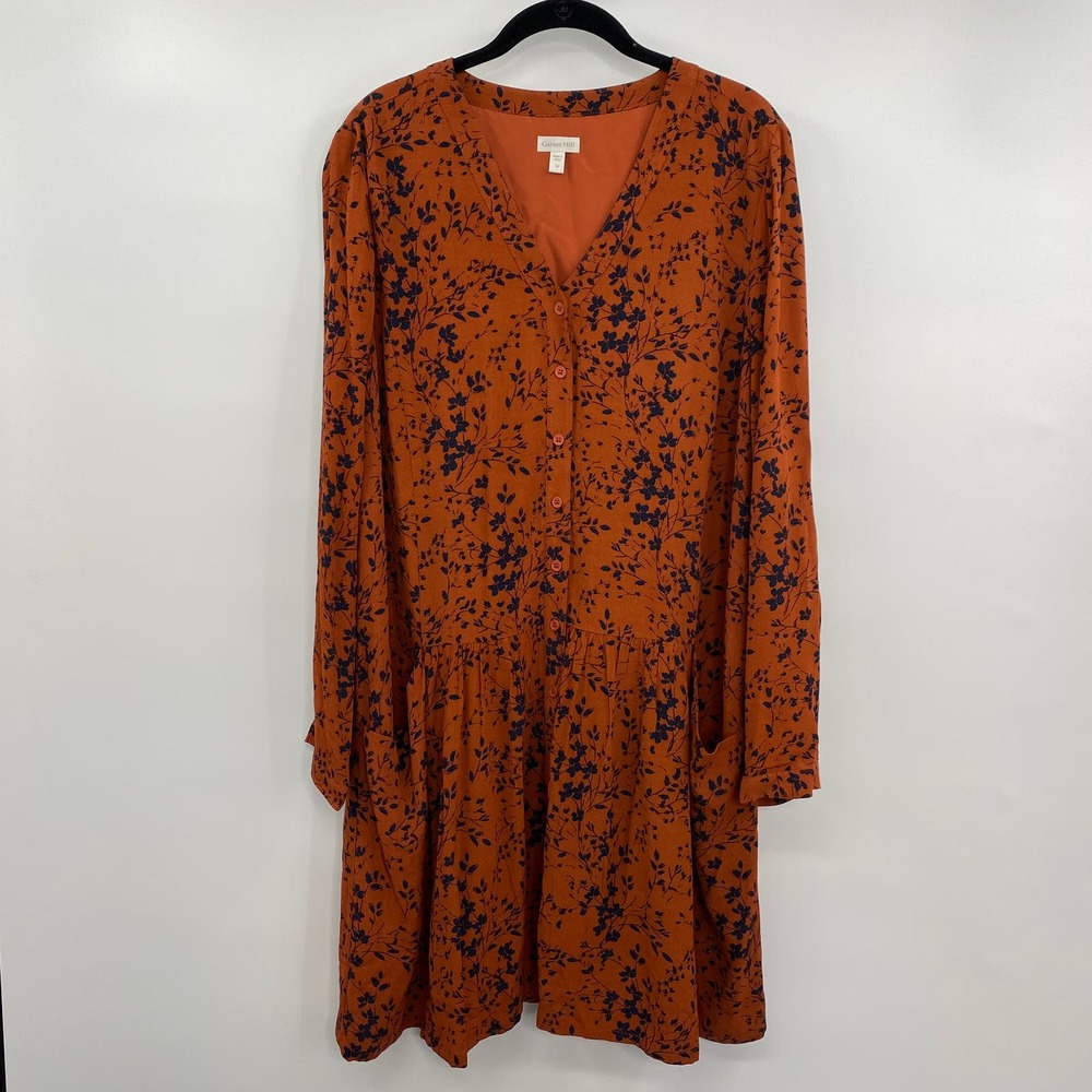 Garnet Hill Mini Shirt Dress Drop Waist Button Front Floral Print Rust Navy 16